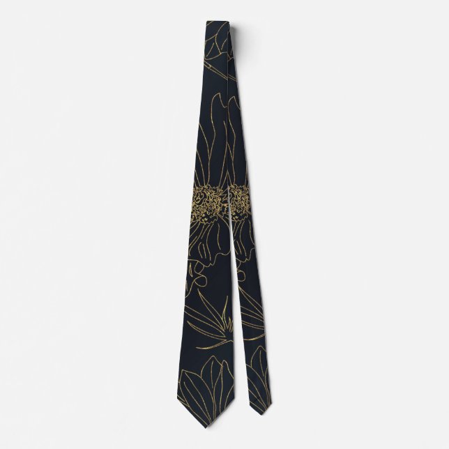 Elegant Blue Gold Flowers Botanical Tie (Front)