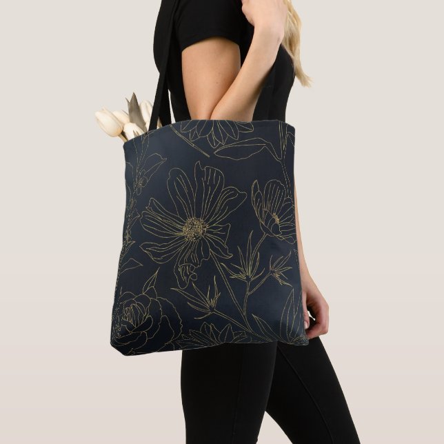 Elegant Blue Gold Flowers Botanical Tote Bag (Close Up)