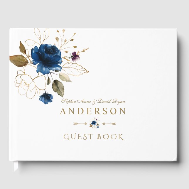 Elegant Blue Gold Flowers Monogram Wedding Guest Book (Front)