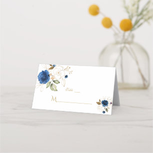 Elegant Blue Gold Flowers Wedding Table Number Place Card