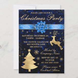Elegant Blue & Gold Foil Ribbon Christmas Party Invitation