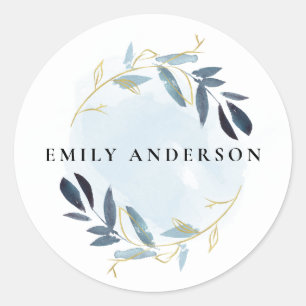 ELEGANT BLUE GOLD FOLIAGE WREATH PROFESSIONAL CLASSIC ROUND STICKER