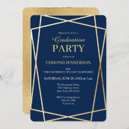 Elegant Blue Gold Geometric 2025 Graduation Party Invitation