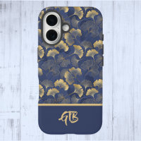 Elegant Blue Gold Ginkgo Leaves with Name Monogram