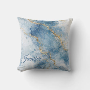 Elegant Blue Gold Glitter Abstract Flow Cushion