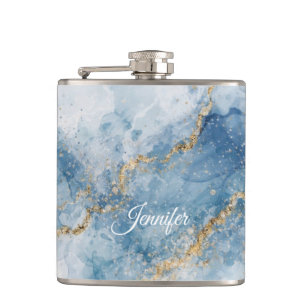 Elegant Blue Gold Glitter Abstract Flow            Hip Flask
