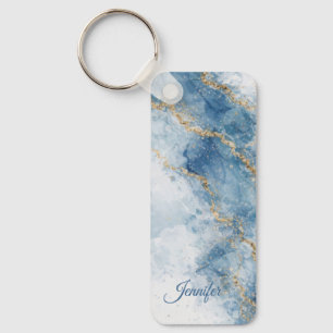 Elegant Blue Gold Glitter Abstract Flow            Key Ring