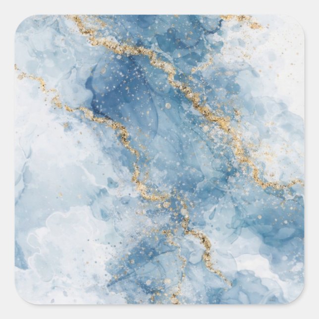 Elegant Blue Gold Glitter Abstract Flow            Square Sticker (Front)