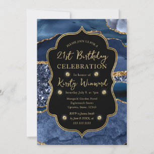 Elegant Blue & Gold Glitter Agate 21st Birthday Invitation
