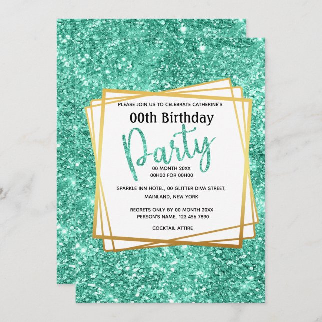 Elegant blue gold glitter birthday age party invitation (Front/Back)