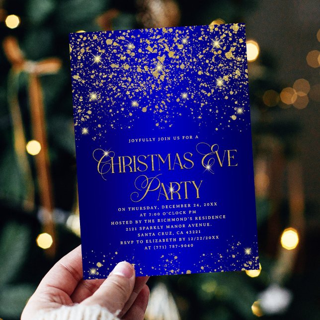 Elegant Blue Gold Glitter Christmas Eve Party Invitation (Creator Uploaded)