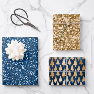 Elegant Blue Gold Glitter Christmas Trees  Wrapping Paper Sheet