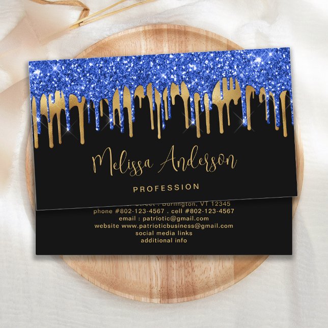 Elegant Blue Gold Glitter Drips Black Modern  Business Card (Creator Uploaded)