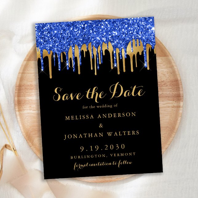 Elegant Blue Gold Glitter Drips Save The Date Invitation Postcard (Creator Uploaded)