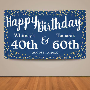 Elegant Blue Gold Glitter Joint Adult Birthday Banner