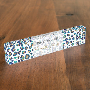 Elegant Blue Gold Glitter Leopard Animal Print Nameplate