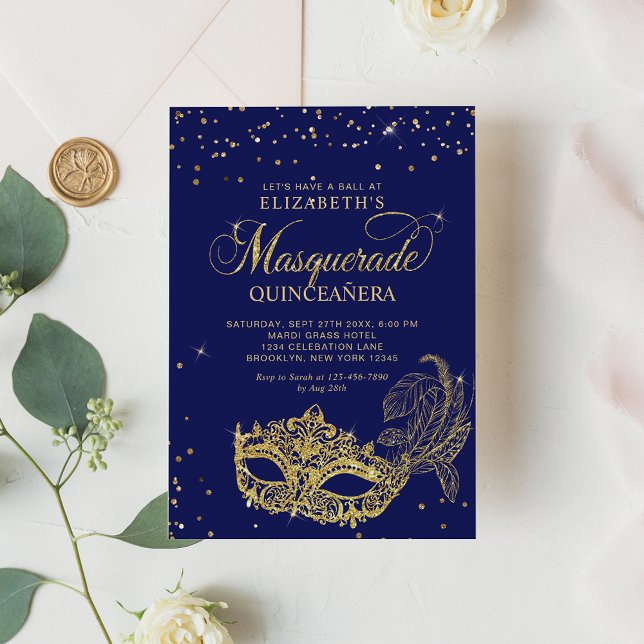 Elegant Blue Gold Glitter Masquerade Quinceañera Invitation (Creator Uploaded)