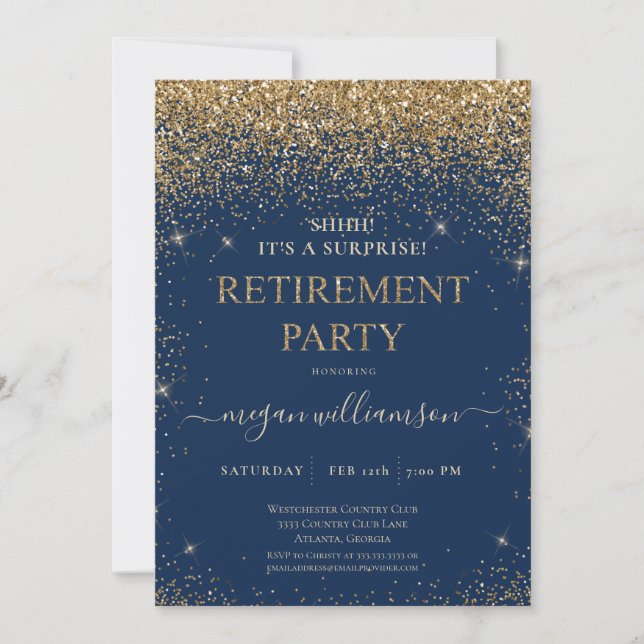 Elegant Blue Gold Glitter Retirement Party Invitation (Front)