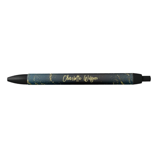 Elegant Blue Gold Glitter Script Name Monogram Black Ink Pen (Front)