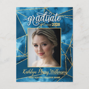 Elegant Blue Gold Glitter Script Photo Graduation Invitation Postcard