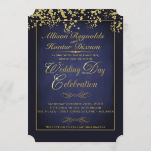 Elegant Blue & Gold Glitter Wedding Invitations