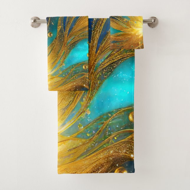 Elegant Blue Gold Gold Burst Bathroom Towel Set (Insitu)