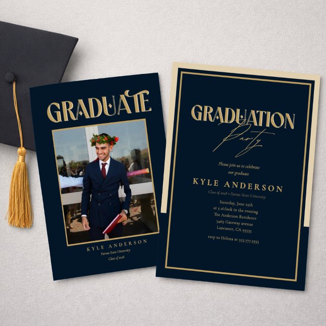 Elegant Blue Gold Graduation Party Photo   Invitation (Creator Uploaded)