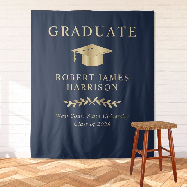 Elegant Blue Gold Graduation Party Welcome Tapestry (Creator Uploaded)