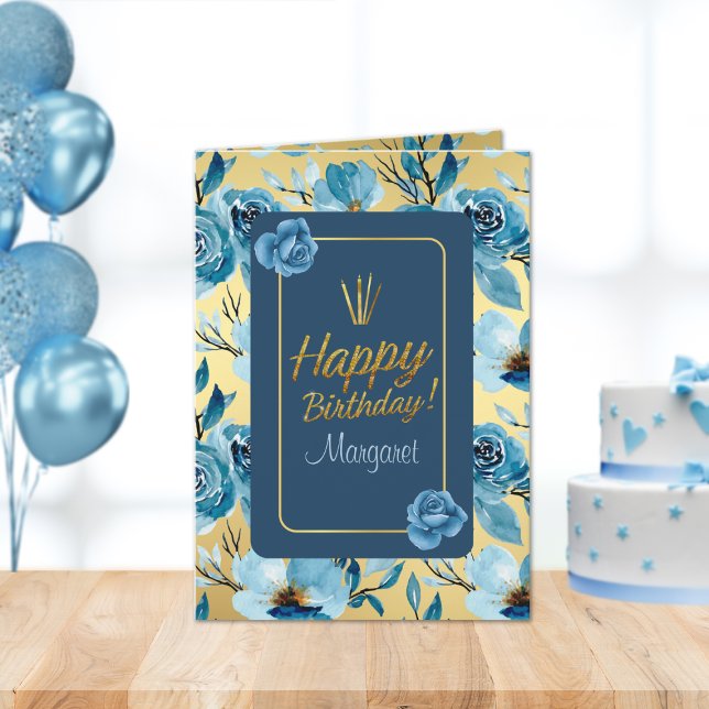 Elegant Blue & Gold Happy Birthday Floral Folded Card (Creator Uploaded)