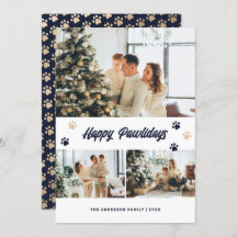 Elegant Blue Gold Happy Pawlidays Christmas Card
