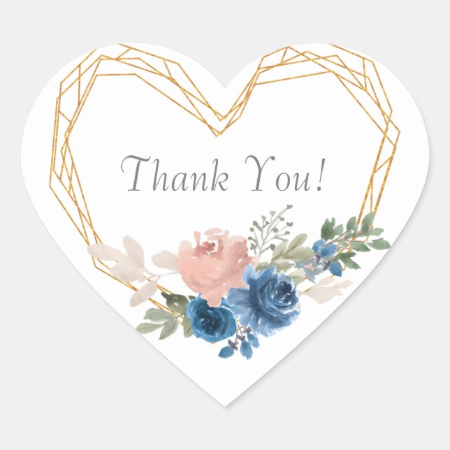 Elegant Blue Gold Heart Floral Names Thank You Sticker (Front)
