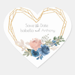 Elegant Blue Gold Heart Floral Names Wedding  Heart Sticker