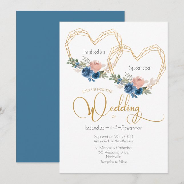 Elegant Blue Gold Heart Floral Wedding Invitation (Front/Back)