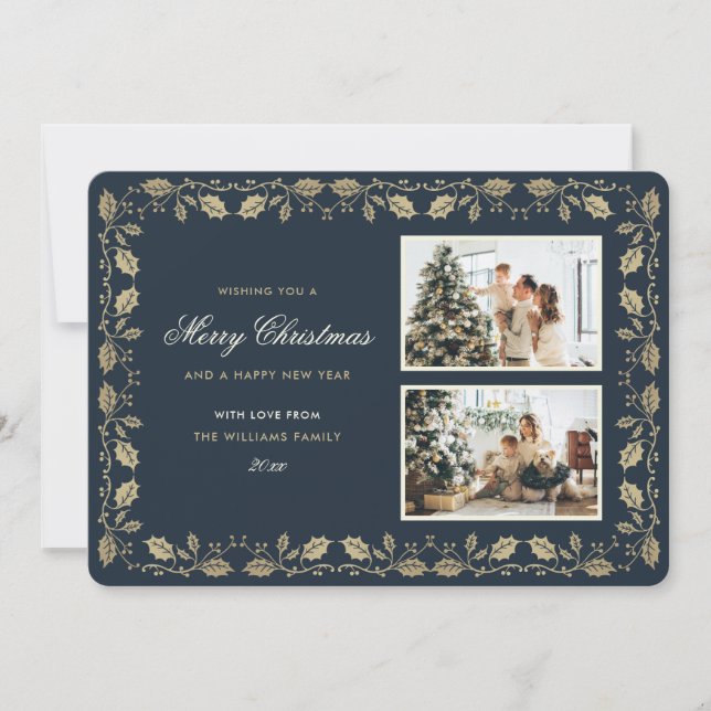 Elegant Blue Gold Holly Photo Holiday Card (Front)