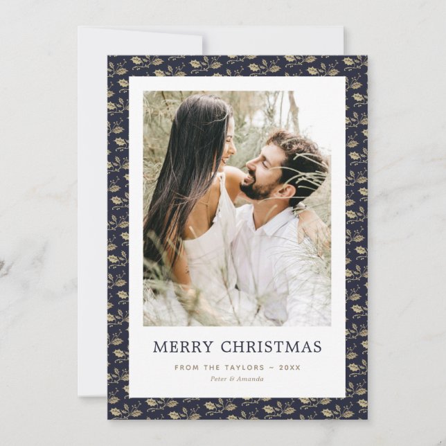 Elegant Blue Gold Holly Photo Merry Christmas Card (Front)