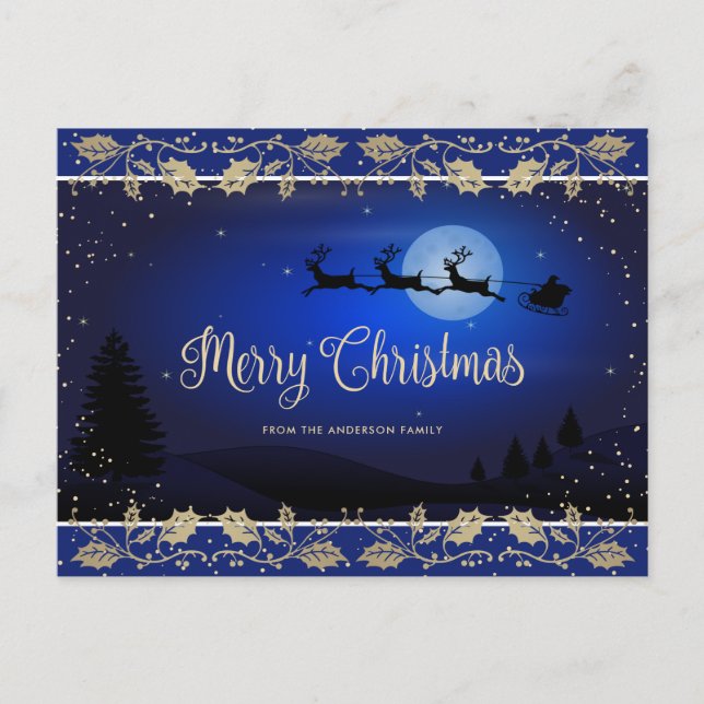 Elegant Blue Gold Holly Santa Merry Christmas Holiday Postcard (Front)