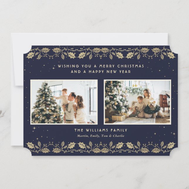 Elegant Blue Gold Holly Stars Photo Holiday Card (Front)