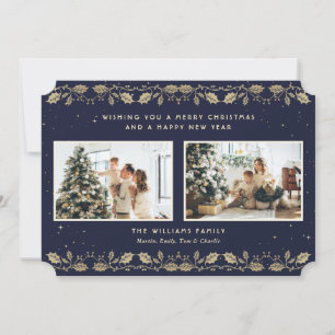 Elegant Blue Gold Holly Stars Photo Holiday Card