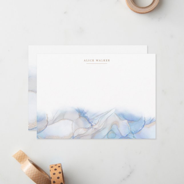 Elegant Blue Gold Ink Stationery Note Card (Front/Back In Situ)