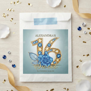 Elegant Blue Gold Jewel Crystal Rose Sweet 16 Favour Bag