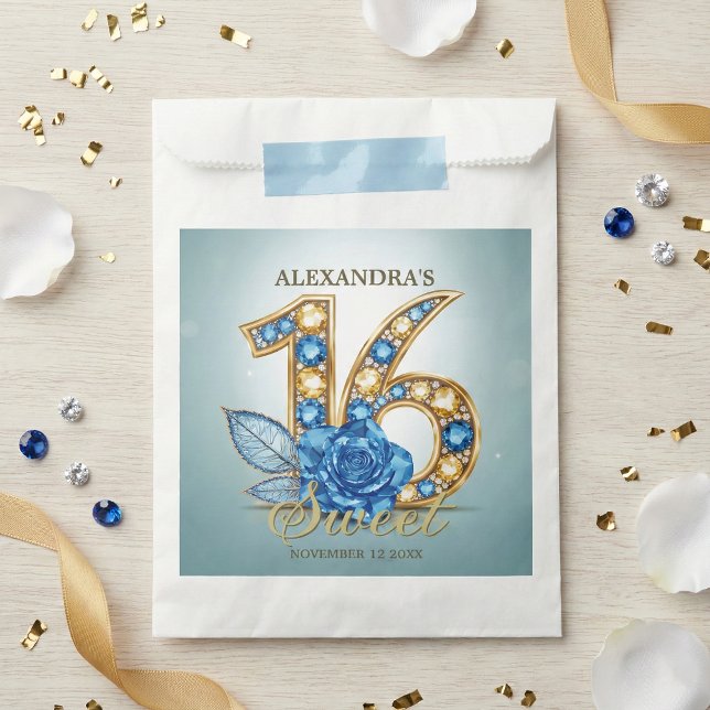 Elegant Blue Gold Jewel Crystal Rose Sweet 16 Favour Bag (Creator Uploaded)