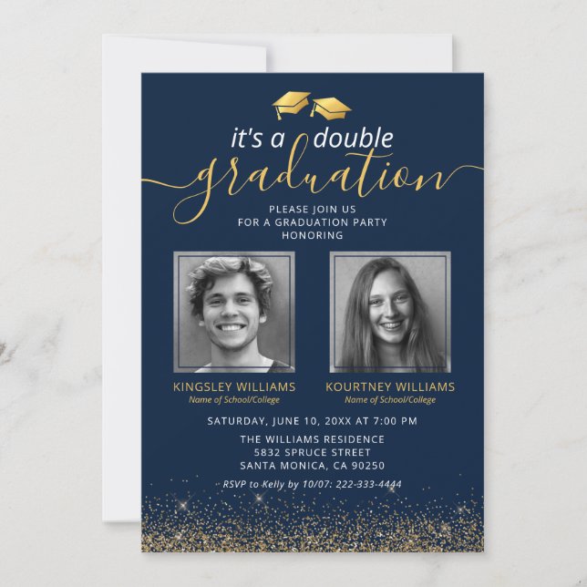 Elegant Blue Gold Joint Graduation Photo Invitation (Front)