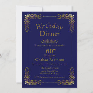 Elegant Blue Gold Lace 60th Birthday Dinner Invite
