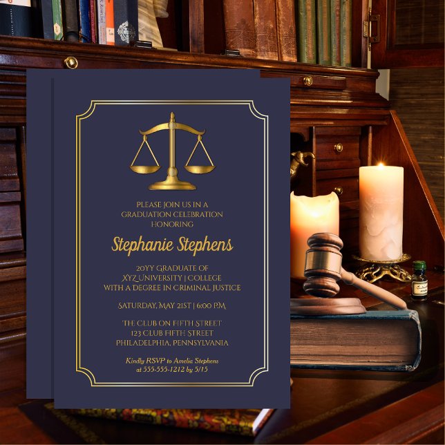 Elegant Blue | Gold Law Attorney Graduation Party Invitation (Elegant Blue and Gold Tone Legal Law Lawyer | Attorney Graduation Party Invitation Print | Download)