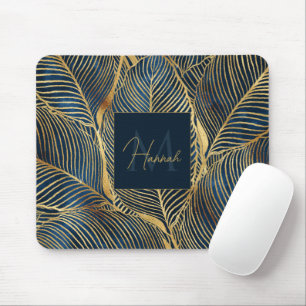 Elegant Blue Gold Leaf Design Mouse Pad