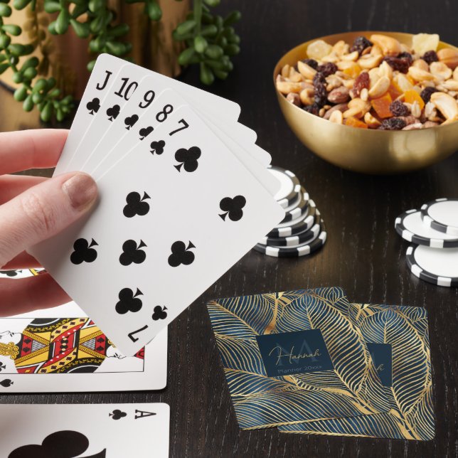 Elegant Blue Gold Leaf Design Playing Cards (In Situ)