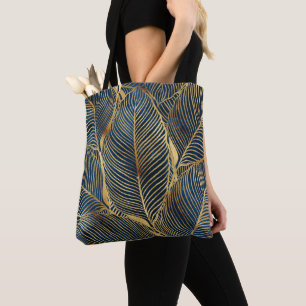 Elegant Blue Gold Leaf Design Tote Bag