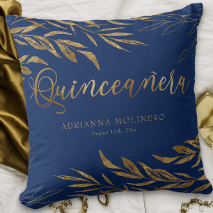 Elegant Blue Gold Leaf Personalised Quinceanera Cushion
