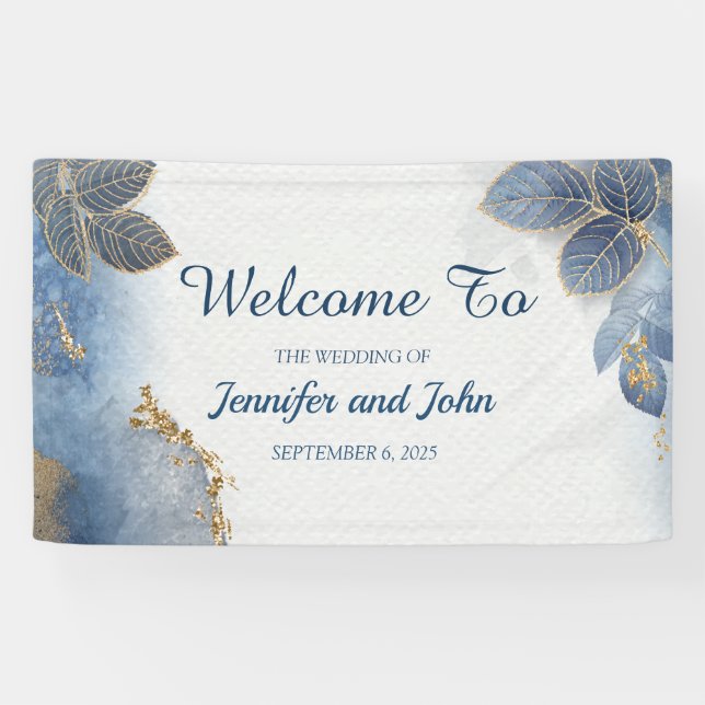 Elegant Blue Gold Leaves Botanical Wedding Banner (Horizontal)