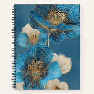Elegant Blue Gold Line Art Poppy Floral Notebook